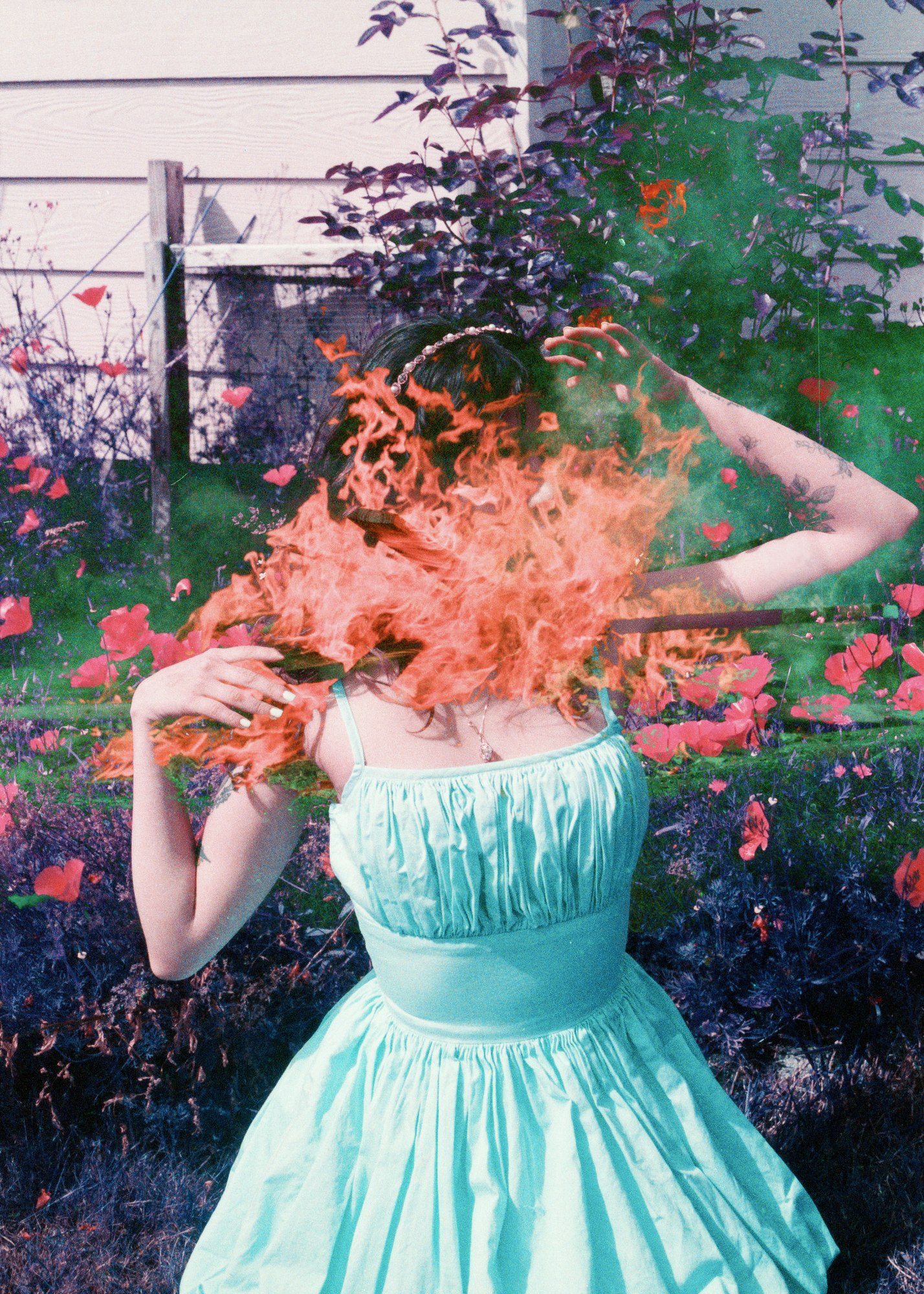 Hail Mary, full of fire — Mayra Rae, double exposure, 2023